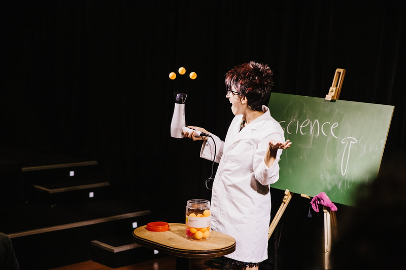 Raz with flying ping pong balls in Science with Raz, Sydney Comedy Festival 2019